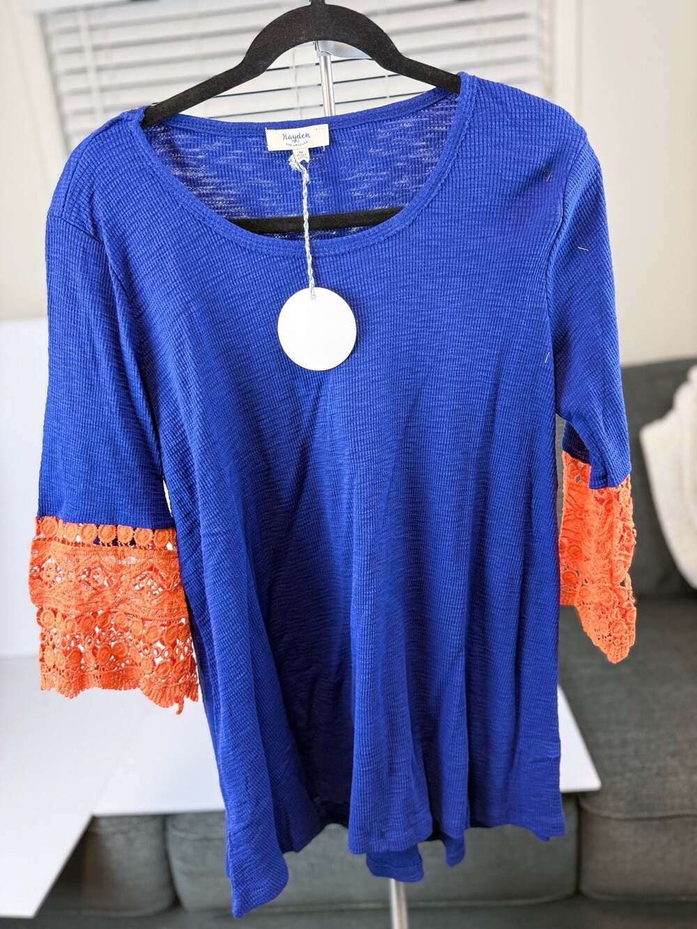 NWT Hayden Los Angeles Women's Blue Waffle Knit Tunic w/Orange Lace Sleeves